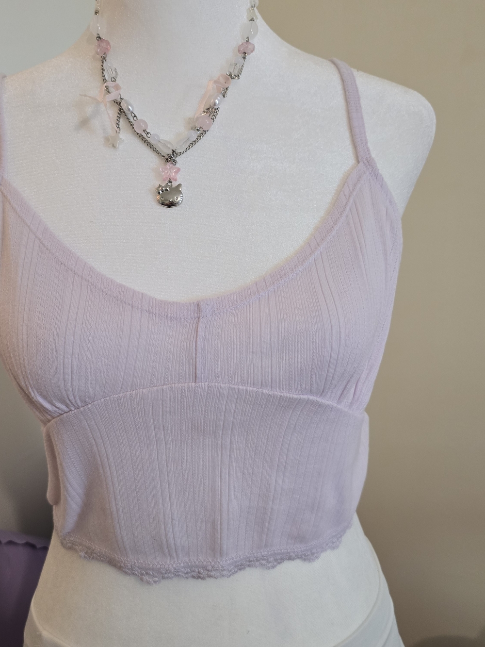 American Eagle Pastel Lilac Ribbed Crop Top Lace Trim Sweetheart Cami Small S